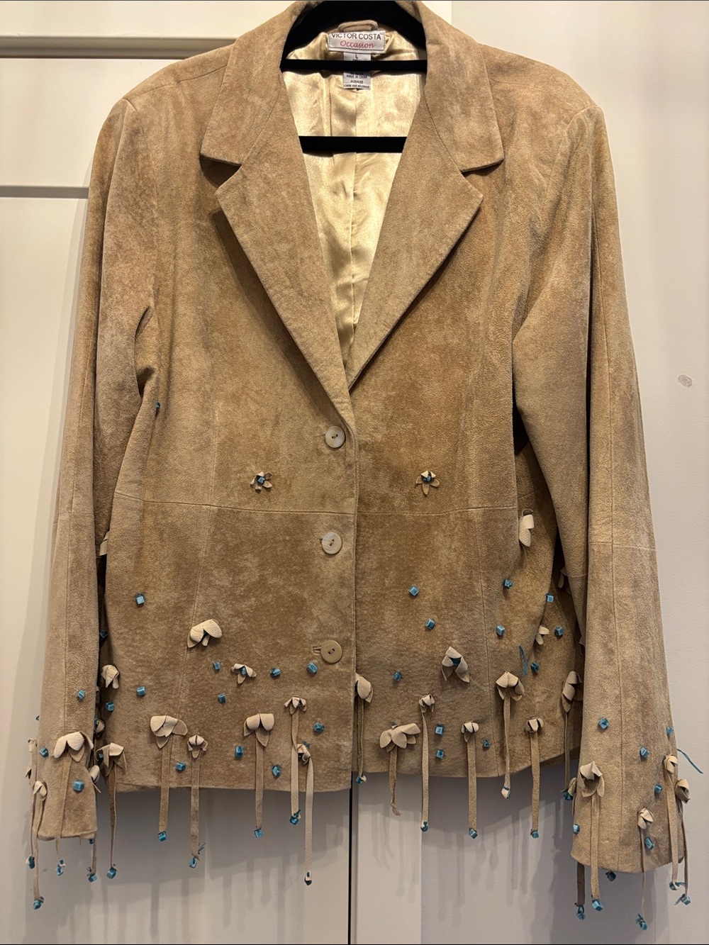 Victor Costa Tan Suede Fringe Blazer with Blue Bead Accents